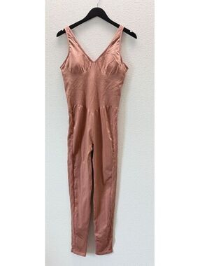 Victoria's Secret Pink Tan Satin Seamless Plunge Jumpsuit Women Size Large